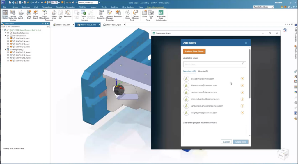 A screenshot showing a Teamcenter Share window within Solid Edge that allows users to add and view users on a project